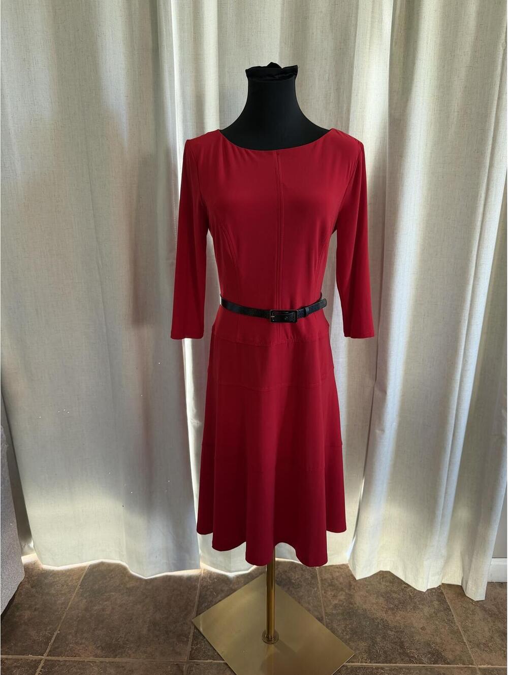 Anne Klein Red Fit & Flare Dress Size 8 Three-Quarter Sleeve Knee Length